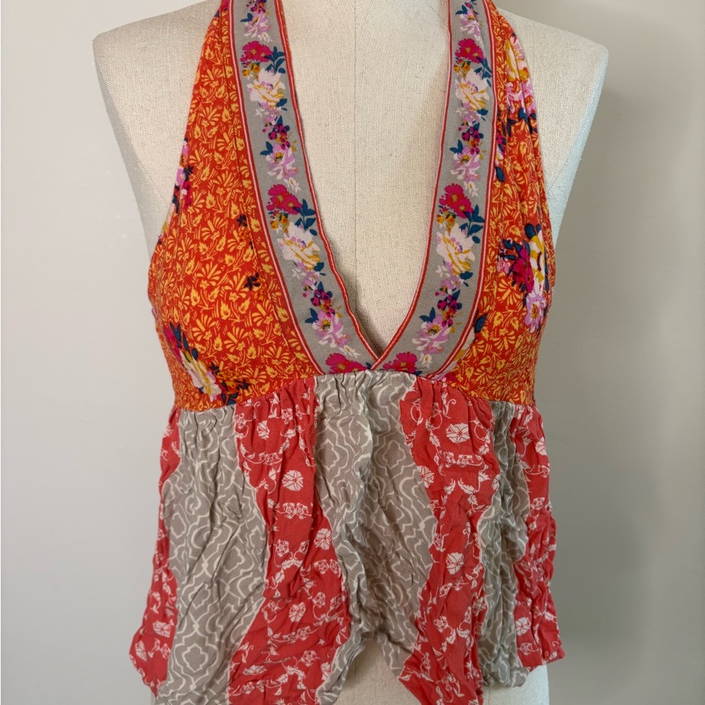 Floral Halter Top - Orange and Red